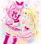  aqua_eyes arm_around_waist bad_id blonde_hair cure_melody cure_rhythm from_behind green_eyes hairband hands_together highres houjou_hibiki long_hair magical_girl minamino_kanade mori3 multiple_girls musical_note pink_hair ponytail precure smile suite_precure thigh-highs thighhighs twintails very_long_hair zettai_ryouiki 