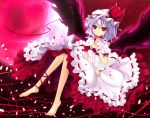 barefoot blue_hair choker dress feet flower full_moon hat moon petals red_eyes red_moon red_rose remilia_scarlet rose rose_petals solo touhou wings wrist_cuffs zzz36951 