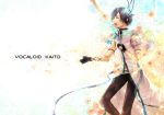  blue_eyes blue_hair coat flower hand_on_chest headphones kaito male nail_polish navel open_collar open_mouth outstretched_arm petals scarf see_through singing sleeveless vocaloid 