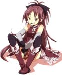  akasata boots detached_sleeves fang grin knee_boots long_hair mahou_shoujo_madoka_magica mouth_hold pocky ponytail red_eyes red_hair redhead sakura_kyouko smile solo thigh-highs thighhighs 