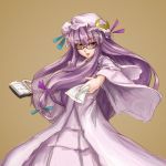  bespectacled blush book crescent glasses hat long_hair lowres patchouli_knowledge purple_eyes purple_hair sasaae_(artist) solo touhou violet_eyes 
