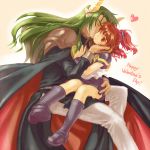  1girl arle_nadja boots brown_hair cape cheek_kiss chin_grab chin_tilt closed_eyes deadpan eyes_closed frown green_hair groping gun_(artist) gunguniru happy_valentine heart height_difference horns kiss lap long_hair madou_monogatari male pointy_ears ponytail pushing puyopuyo romantic satan satan_(puyopuyo) shoulder_pads sitting size_difference skirt valentine wink 