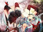  aqua_hair black_legwear boots elbow_gloves gloves hatsune_miku high_heels highres long_hair lying navel necktie open_mouth pleated_skirt ranyun shoes skirt thigh-highs thigh_boots thighhighs twintails vocaloid zettai_ryouiki 