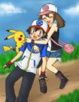  black_hair brown_hair closed_eyes cosplay couple haruka_(pokemon) hug pikachu pokemon pokemon_(anime) satoshi_(pokemon) touko_(pokemon) touya_(pokemon) 