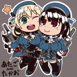  2girls atago_(kantai_collection) black_gloves black_hair black_legwear blonde_hair breasts chibi gloves green_eyes gun hat kantai_collection large_breasts long_hair louise-louis-lucille military military_uniform multiple_girls open_mouth pantyhose red_eyes simple_background smile takao_(kantai_collection) thigh-highs uniform weapon 