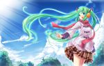  cloud clouds coat earmuffs green_eyes green_hair hatsune_miku headphones highres hxhrise long_hair open_mouth outstretched_hand scarf skirt sky solo tree twintails very_long_hair vocaloid wind 