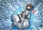  blood boots brown_hair candle food fruit gloves highres ice imoman injury original short_hair smile solo sword weapon 