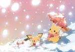  clothed_pokemon evolution no_humans pichu pikachu pokemon pokemon_(creature) pokemon_(game) pokemon_gsc pokemon_rgby raichu raichu_(cameo) scarf shiny_pokemon snow snowman umbrella yoshi_(danball) 