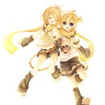  arm_warmers bare_shoulders blonde_hair brother_and_sister closed_eyes eyes_closed hair_ornament hair_ribbon hairclip headphones highres inaresi kagamine_len kagamine_rin leg_warmers navel necktie open_mouth ribbon sailor_collar scarf short_hair shorts siblings smile twins vocaloid 