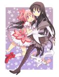  akemi_homura black_hair bow gloves hair_bow hairband kaname_madoka kneehighs kyubey kyuubee long_hair mahou_shoujo_madoka_magica mofuko pantyhose pink_eyes pink_hair purple_eyes red_eyes short_hair short_twintails skirt tears twintails violet_eyes 