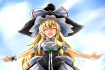  :d blonde_hair bow closed_eyes curiosities_of_lotus_asia eyes_closed hair_bow hat k2isu kirisame_marisa long_hair open_mouth outstretched_arms payot sky smile solo spread_arms touhou very_long_hair witch witch_hat wrist_cuffs 
