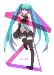  :&lt; aqua_eyes aqua_hair boots detached_sleeves hatsune_miku highres long_hair mohi necktie pointing simple_background skirt solo thigh-highs thigh_boots thighhighs triangle twintails very_long_hair vocaloid zettai_ryouiki 