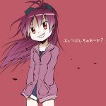  c c_(neta) long_hair mahou_shoujo_madoka_magica ponytail red red_background red_eyes red_hair redhead sakura_kyouko short_shorts shorts smile solo translated translation_request umakatsuhai 