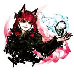  animal_ears bad_id bow braid bust cat_ears fangs grin hair_bow hair_ornament hima_(mizu_ni_tsuyoi) himajin_tohakagiranai kaenbyou_rin red_eyes red_hair redhead short_hair skull slit_pupils smile solo touhou twin_braids 