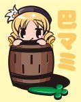  barrel black_eyes blonde_hair blush_stickers chibi drill_hair hat kisha_(quo_inari_taisha) magic_trick mahou_shoujo_madoka_magica pop-up_pirate solo sparkle sword tomoe_mami translated twin_drills weapon 