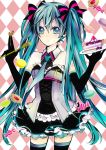 aqua_eyes aqua_hair bare_shoulders bow cake checkered checkered_background collar detached_collar elbow_gloves food fork gloves hair_bow hatsune_miku inami_eno long_hair necktie plate skirt solo sweets thigh-highs thighhighs twintails very_long_hair vocaloid 