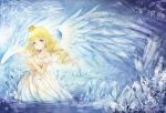  angel_wings bad_id blonde_hair crown crystal dress gondolf green_eyes long_hair original solo water wavy_hair wings 