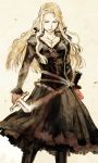  catiua_powell character_request cleavage corset dagger highres kishizuka_kenji long_dress long_hair sepia solo sword tactics_ogre weapon 