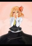  blonde_hair hands_on_another's_cheeks hands_on_another's_face hands_on_cheeks hands_on_own_cheeks hands_on_own_face kenshirou_(mono_ken) letterboxed red_eyes rumia short_hair solo the_embodiment_of_scarlet_devil touhou yandere_trance youkai 