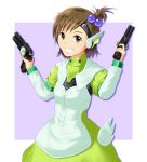  brown_hair dress dual_wielding futami_mami grin gun hair_bobbles hair_ornament headset idolmaster pistol side_ponytail smile solo sushimidori weapon xbox_360 