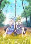  ahirun ascot back-to-back barefoot blue_eyes blue_hair bow butterfly cirno daiyousei dress fairy_wars flower green_eyes green_hair hair_bow hand_holding highres holding_hands multiple_girls nature no_wings ponytail poorly_drawn short_hair side_ponytail sitting touhou 