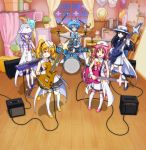  aoi_(houkago_no_pleiades) band bass_guitar black_hair blonde_hair blue_eyes drum drum_set glasses gloves guitar hat hikaru_(houkago_no_pleiades) houkago_no_pleiades instrument itsuki_(houkago_no_pleiades) k-on! long_hair manoru nanako_(houkago_no_pleiades) parody pink_hair pleiadean short_hair smile star subaru_(houkago_no_pleiades) synthesizer thigh-highs thighhighs twintails 