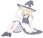  apron arm_support bad_id blonde_hair bloomers footwear green_eyes hat high_heels kirisame_marisa long_hair looking_at_viewer ofuton_zeb shoes short_sleeves simple_background sitting socks solo touhou witch witch_hat 