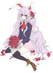  absurdres animal_ears black_legwear black_thighhighs blazer boots bouquet bunny_ears crescent cross-laced_footwear flower high_heels highres lace-up_boots long_hair petals pleated_skirt purple_hair red_eyes red_rose reisen_udongein_inaba rose rose_petals shoes sitting skirt slit_pupils solo thigh-highs thighhighs touhou very_long_hair wariza yutsumoe 