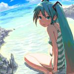  aqua_eyes aqua_hair arm_support bad_id bare_shoulders barefoot blush_stickers casual_one-piece_swimsuit cloud dutch_angle fisheye from_behind hashimoto_(sunehari0109) hatsune_miku heus_(nuntarou) horizon long_hair looking_back lowres ocean oekaki one-piece_swimsuit pixel_art shade sitting sky solo striped striped_swimsuit swimsuit very_long_hair vocaloid wariza water 