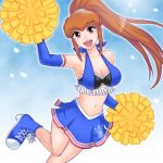 :d amemiya_sayaka armpits breasts brown_hair cheerleader cleavage detached_sleeves hamu_agaki navel open_mouth osu!_tatakae!_ouendan pink_eyes pom_poms skirt smile