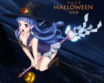  1girl :d blue_hair city halloween kannagi looking_at_viewer nagi night open_mouth purple_eyes smile solo starry_sky wand witch 