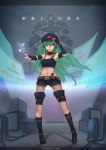  armpits belt elbow_gloves fingerless_gloves full_body gloves green_eyes green_hair hat hatsune_miku hatsune_miku_no_shoushitsu_(vocaloid) headphones headset highres hong_(luckeydog) kneehighs long_hair midriff navel outstretched_arm peaked_cap project_diva short_shorts shorts solo star tattoo vocaloid 