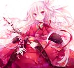  bell bell_collar bow branch butterfly cherry_blossoms collar fang feather_boa floral_print flower ibara_riato japanese_clothes kimono long_hair obi open_mouth original petals pink_hair purple_eyes ribbon_choker smile solo violet_eyes 