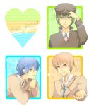  angel_beats! asaki_hiyori blue_eyes blue_hair brown_eyes brown_hair green_eyes green_hair hat hinata_(angel_beats!) male multiple_boys naoi_ayato otonashi_(angel_beats!) school_uniform short_hair 