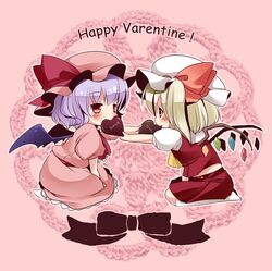  ascot bat_wings blonde_hair chocolate chocolate_heart dress engrish flandre_scarlet happy_valentine hat heart irori lavender_hair midriff multiple_girls ranguage red_eyes remilia_scarlet short_hair siblings side_ponytail sisters sitting skirt touhou valentine wariza wings 