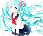  aqua_hair blue_eyes cherry_blossoms hatsune_miku long_hair petals sayaka_(ponkichi) school_uniform serafuku skirt smile solo twintails very_long_hair vocaloid 