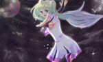  bad_id bridal_gauntlets dress green_eyes green_hair hachipuyo hatsune_miku high_heels long_hair looking_back moon open_mouth outstretched_arms shoes sky solo spread_arms star_(sky) starry_sky twintails vocaloid 