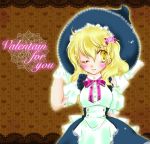  adapted_costume bare_shoulders candy1024_(mican*) doily gloves hat heart holding_hat kirisame_marisa ribbon short_sleeves solo touhou valentine wink witch witch_hat 