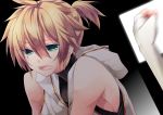  aqua_eyes bare_shoulders blonde_hair cry crying fist green_eyes hood hoodie kagamine_len male ponytail sad short_hair solo tears vocaloid 