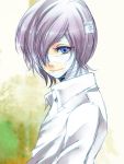  androgynous bad_id bandage bandages blue_eyes character_request enigma hair_over_one_eye karahashi lavender_hair mizusawa_aru portrait shirt short_hair solo white_shirt 