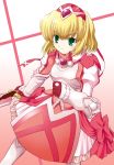  alexia_lynn_elesius armor armored_dress blonde_hair boots bow dress elbow_gloves gloves green_eyes hairband jewelry knight mutsuki_masato mutsuno_hekisa pink_background pink_dress ribbon ring short_hair simple_background smile solo sword weapon wild_arms wild_arms_xf 
