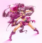  1girl alternate_costume alternate_hairstyle blue_eyes boots bow cure_melody curegolgom double_bun fairy_tone frills hairband houjou_hibiki leg_garter long_hair magical_girl midriff miniskirt pink pink_hair precure ribbon skirt smile suite_precure twintails wrist_cuffs 