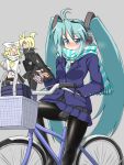  aqua_hair bicycle blazer blush breath cellphone earmuffs flat_gaze grey_background hand_in_pocket hatsune_miku kagamine_len kagamine_rin long_hair megurine_luka naitou_kouse necktie pantyhose phone scarf simple_background skirt striped striped_scarf takoluka twintails very_long_hair vocaloid 