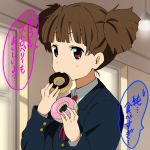  brown_hair doughnut dual_wielding eating food k-on! school_uniform short_hair smile solo suzuki_jun translated translation_request yamasaki_wataru 