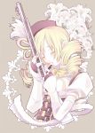  aikawa_ruru blonde_hair bust closed_eyes drill_hair eyes_closed fingerless_gloves flower gloves gun hair_ornament hat lily_(flower) long_hair magical_girl magical_musket mahou_shoujo_madoka_magica pleated_skirt rifle skirt smile solo thighhighs tomoe_mami twin_drills twintails weapon yellow_eyes 