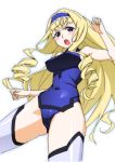  blue_eyes blush bodysuit breasts cecilia_alcott curly_hair drill_hair hairband infinite_stratos katou_haruaki long_hair open_mouth pilot_suit simple_background solo thigh-highs thighhighs very_long_hair 