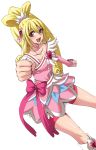  1girl aida_mana blonde_hair clenched_hand cure_heart dokidoki!_precure long_hair minarai_zouhyou outstretched_arm pink_eyes precure simple_background smile solo white_background 