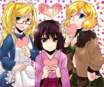  america_(hetalia) apron axis_powers_hetalia az0212 bad_id black_hair blonde_hair blue_eyes brown_eyes front-tie_top genderswap glasses green_eyes hair_ornament hairclip hat jacket japan_(hetalia) japanese_clothes kimono midriff multiple_girls nurse nurse_cap twintails united_kingdom_(hetalia) valentine wink 