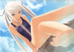  barefoot feet flat_chest foreshortening highres houmei legs long_legs one-piece_swimsuit pov_feet purple_eyes shining_(series) shining_wind smile soles swimsuit taka_tony tanaka_takayuki toes twintails violet_eyes water white_hair 