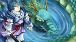  blue_eyes blue_hair dragon from_above kaito looking_up necklace ribbon sword vocaloid water 